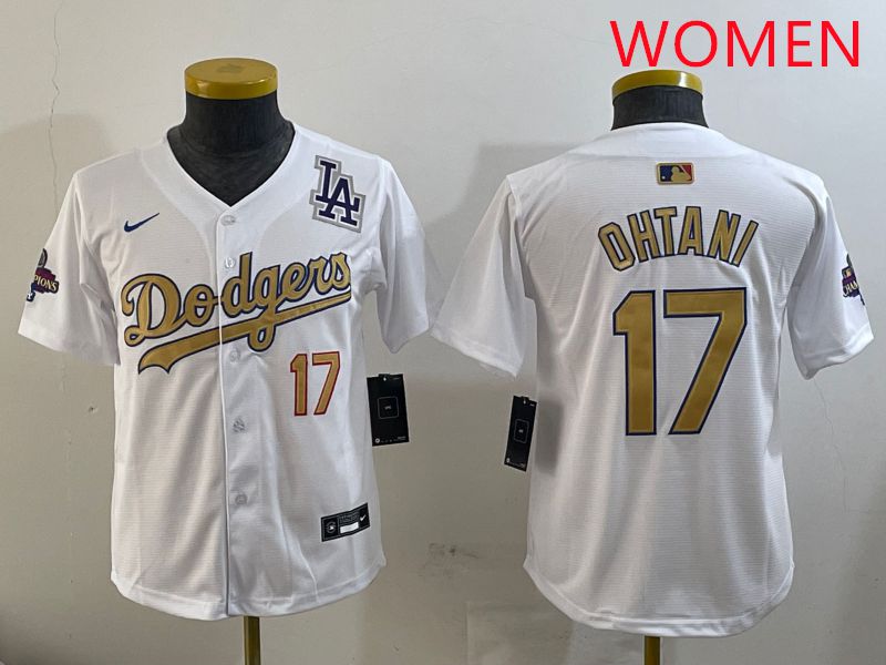 Women Los Angeles Dodgers 17 Ohtani White Champion gold character 2025 Nike MLB Jersey style 11